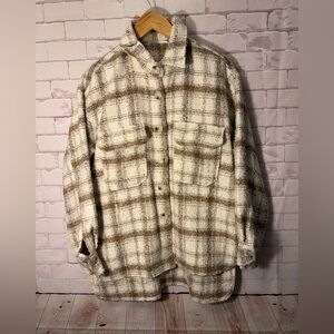12th Tribe Cream and Brown Plaid Shirt Jacket